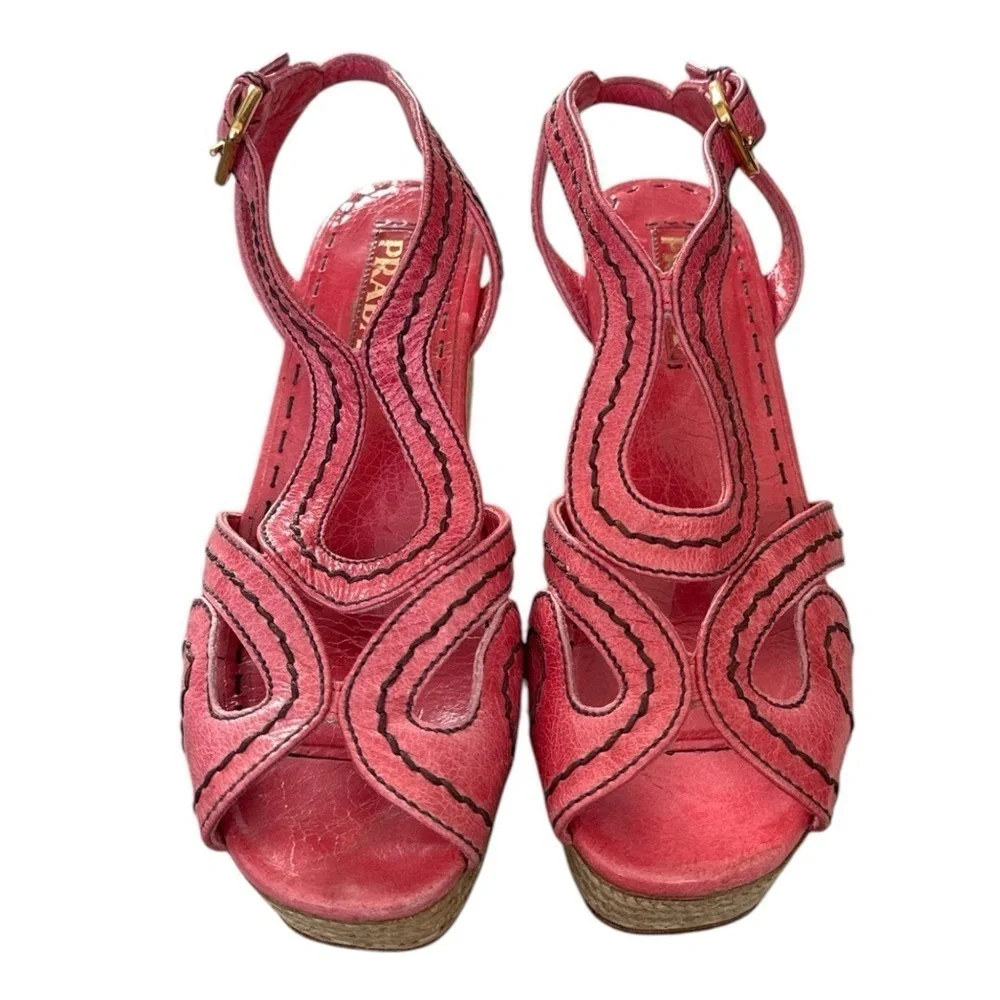 EUC - Prada Women's Pink Wedge Sandal Espadrilles - size 37.5/US7.5